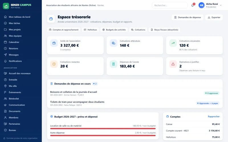SENZII CAMPUS : espace trésorerie avec solde, cotisations et dépenses (démonstration)