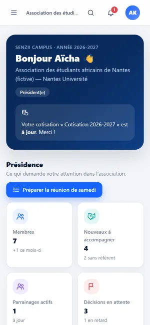 SENZII CAMPUS sur téléphone : espace de la présidente (démonstration)