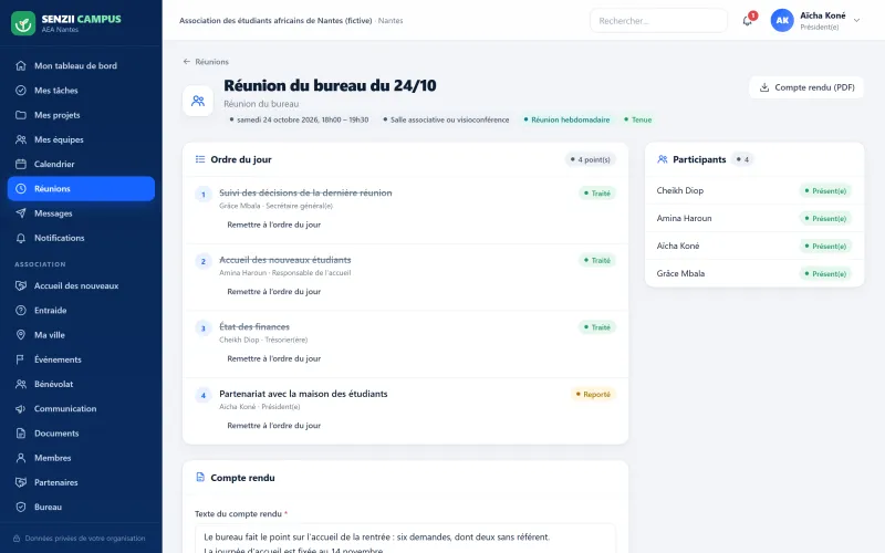 SENZII CAMPUS : réunion du bureau avec ordre du jour, présences et compte rendu (démonstration)